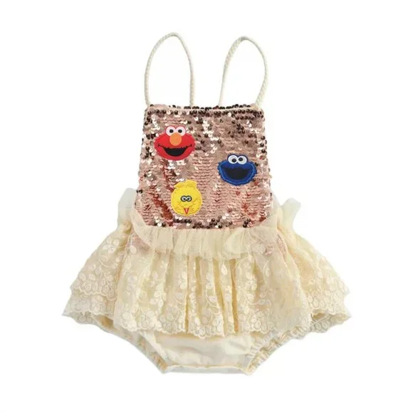 Boutique One Pieces | Elmo Dress Romper Sesame Street Girl Outfit Clothes Cookie Monster Birthday | Color: Cream/Gold | Size: Various | Massielcl's